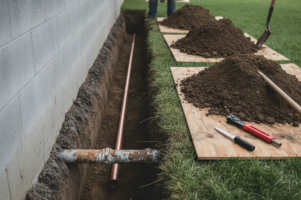 Excavated water line trench during Sewer Line Repair in Meridianville
